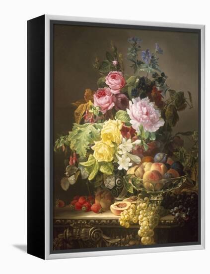 Still Life of Roses, Lilies and Strawberries-Francois Duval-Framed Premier Image Canvas