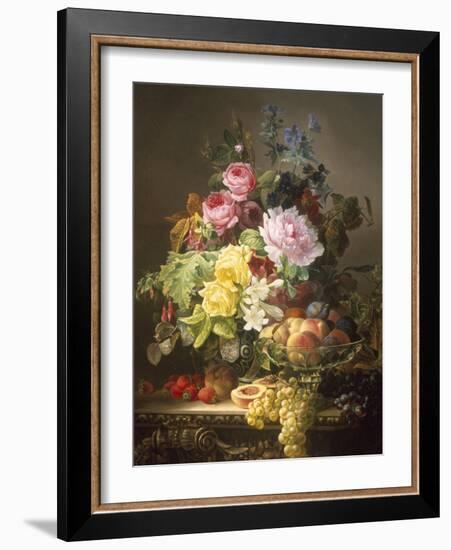 Still Life of Roses, Lilies and Strawberries-Francois Duval-Framed Giclee Print