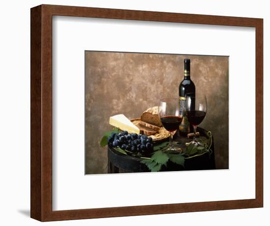 Still Life of Wine Bottle, Wine Glasses, Cheese and Purple Grapes on Top of Barrel-null-Framed Photographic Print