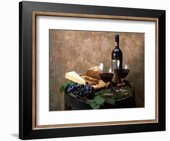 Still Life of Wine Bottle, Wine Glasses, Cheese and Purple Grapes on Top of Barrel-null-Framed Photographic Print