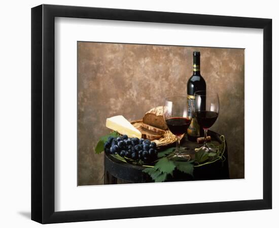 Still Life of Wine Bottle, Wine Glasses, Cheese and Purple Grapes on Top of Barrel-null-Framed Photographic Print