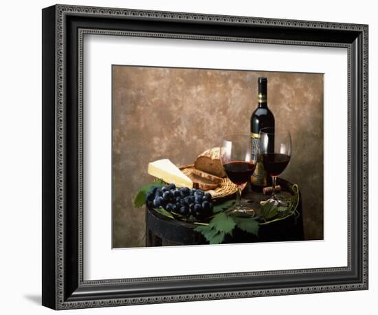 Still Life of Wine Bottle, Wine Glasses, Cheese and Purple Grapes on Top of Barrel-null-Framed Photographic Print