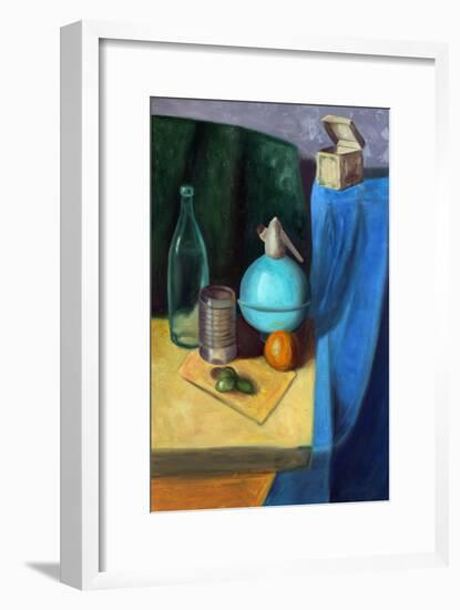 Still Life Painting of Bottles, Box, Grapes, Tin, Spray and Mandarin-Motorspirit-Framed Art Print