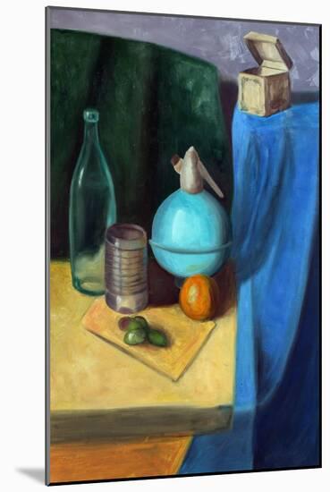 Still Life Painting of Bottles, Box, Grapes, Tin, Spray and Mandarin-Motorspirit-Mounted Art Print