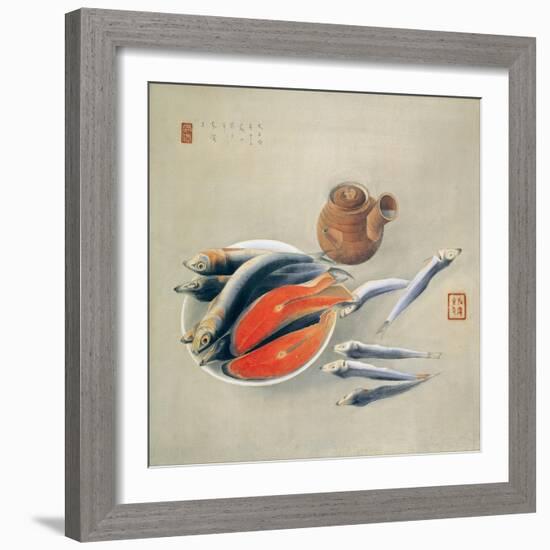 Still Life. Salmon Slices and Sardines, 1924-Tsuchida Bakusen-Framed Giclee Print