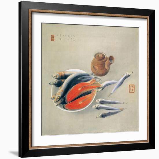 Still Life. Salmon Slices and Sardines, 1924-Tsuchida Bakusen-Framed Giclee Print