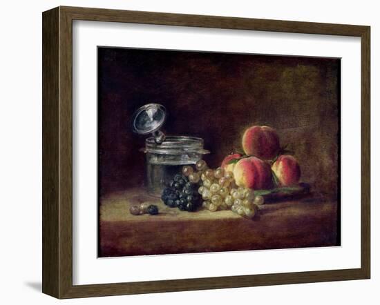 Still Life with a Basket of Peaches, White and Black Grapes, Cooler and Wineglass-Jean-Baptiste Simeon Chardin-Framed Giclee Print