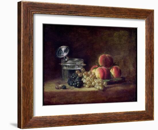 Still Life with a Basket of Peaches, White and Black Grapes, Cooler and Wineglass-Jean-Baptiste Simeon Chardin-Framed Giclee Print