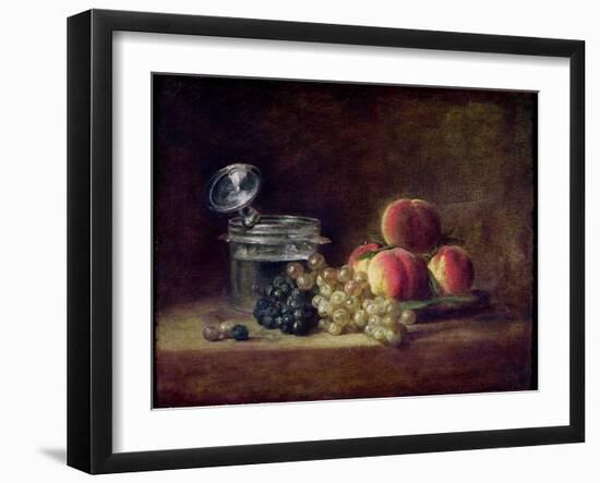 Still Life with a Basket of Peaches, White and Black Grapes, Cooler and Wineglass-Jean-Baptiste Simeon Chardin-Framed Giclee Print