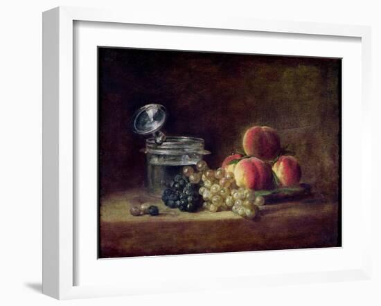 Still Life with a Basket of Peaches, White and Black Grapes, Cooler and Wineglass-Jean-Baptiste Simeon Chardin-Framed Giclee Print