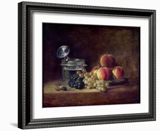 Still Life with a Basket of Peaches, White and Black Grapes, Cooler and Wineglass-Jean-Baptiste Simeon Chardin-Framed Giclee Print