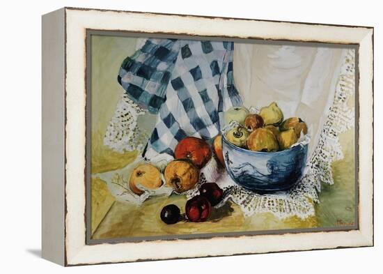 Still Life with a Blue Bowl, Apples, Pears, Textiles and Lace-Joan Thewsey-Framed Premier Image Canvas