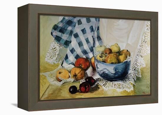Still Life with a Blue Bowl, Apples, Pears, Textiles and Lace-Joan Thewsey-Framed Premier Image Canvas