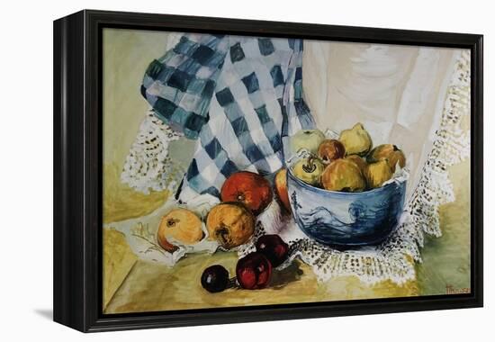 Still Life with a Blue Bowl, Apples, Pears, Textiles and Lace-Joan Thewsey-Framed Premier Image Canvas