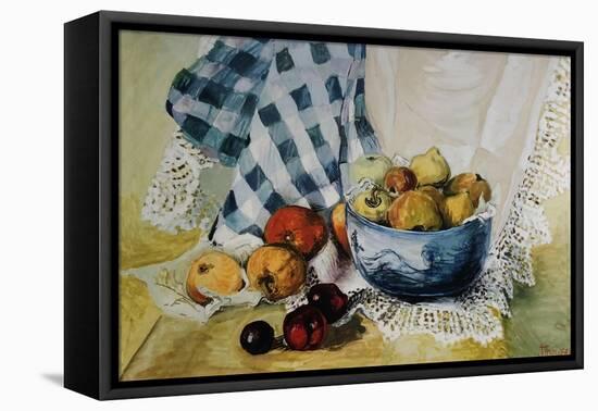 Still Life with a Blue Bowl, Apples, Pears, Textiles and Lace-Joan Thewsey-Framed Premier Image Canvas