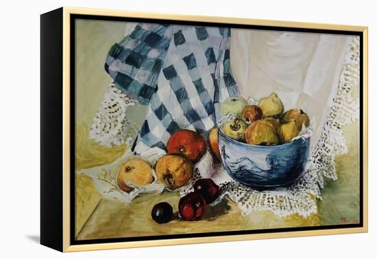 Still Life with a Blue Bowl, Apples, Pears, Textiles and Lace-Joan Thewsey-Framed Premier Image Canvas