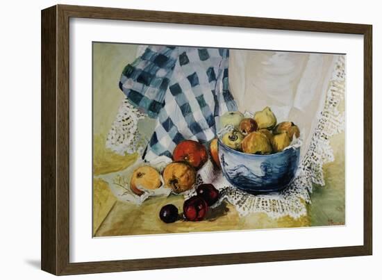 Still Life with a Blue Bowl, Apples, Pears, Textiles and Lace-Joan Thewsey-Framed Giclee Print