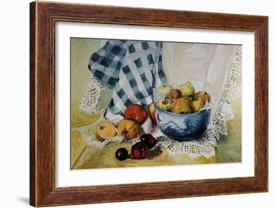 Still Life with a Blue Bowl, Apples, Pears, Textiles and Lace-Joan Thewsey-Framed Giclee Print