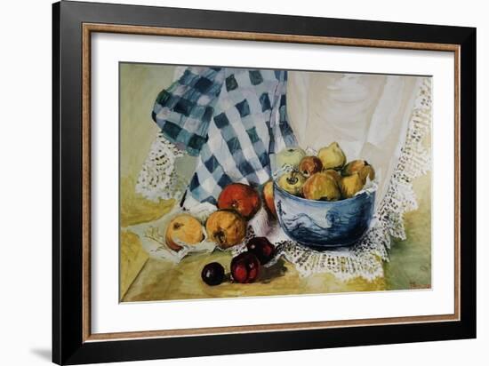 Still Life with a Blue Bowl, Apples, Pears, Textiles and Lace-Joan Thewsey-Framed Giclee Print