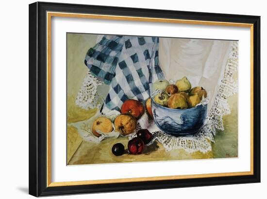 Still Life with a Blue Bowl, Apples, Pears, Textiles and Lace-Joan Thewsey-Framed Giclee Print