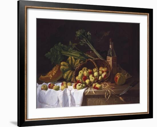 Still Life with a Bottle of Wine, Rhubarb and an Upturned Basket of Apples on a Table-Antoine Vollon-Framed Giclee Print