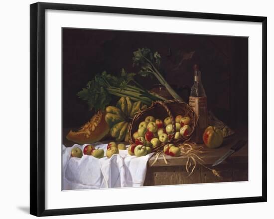 Still Life with a Bottle of Wine, Rhubarb and an Upturned Basket of Apples on a Table-Antoine Vollon-Framed Giclee Print