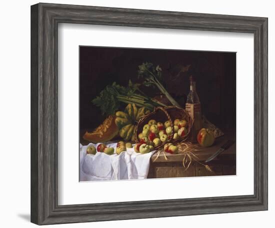 Still Life with a Bottle of Wine, Rhubarb and an Upturned Basket of Apples on a Table-Antoine Vollon-Framed Giclee Print