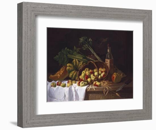 Still Life with a Bottle of Wine, Rhubarb and an Upturned Basket of Apples on a Table-Antoine Vollon-Framed Giclee Print