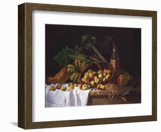 Still Life with a Bottle of Wine, Rhubarb and an Upturned Basket of Apples on a Table-Antoine Vollon-Framed Giclee Print