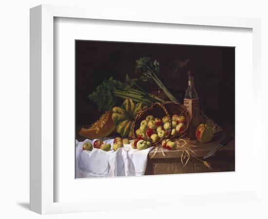 Still Life with a Bottle of Wine, Rhubarb and an Upturned Basket of Apples on a Table-Antoine Vollon-Framed Giclee Print