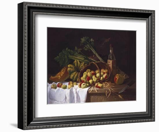 Still Life with a Bottle of Wine, Rhubarb and an Upturned Basket of Apples on a Table-Antoine Vollon-Framed Giclee Print