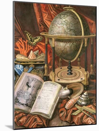 Still Life with a Globe, Books, Shells and Corals-Simon Renard De Saint-andre-Mounted Giclee Print