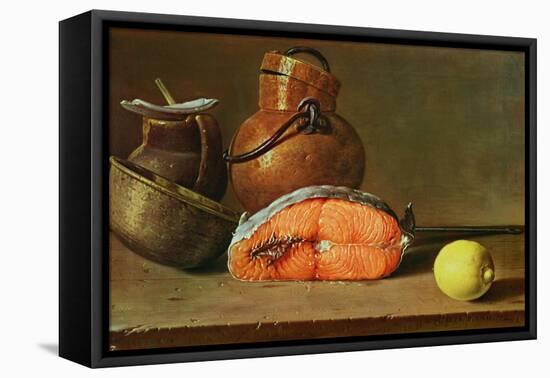 Still Life with a Piece of Salmon, a Lemon and Kitchen Utensils-Luis Egidio Melendez-Framed Premier Image Canvas