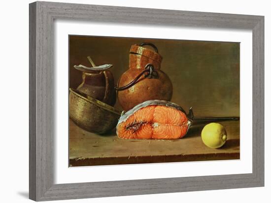 Still Life with a Piece of Salmon, a Lemon and Kitchen Utensils-Luis Egidio Melendez-Framed Giclee Print