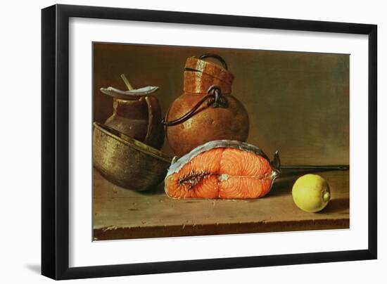 Still Life with a Piece of Salmon, a Lemon and Kitchen Utensils-Luis Egidio Melendez-Framed Giclee Print