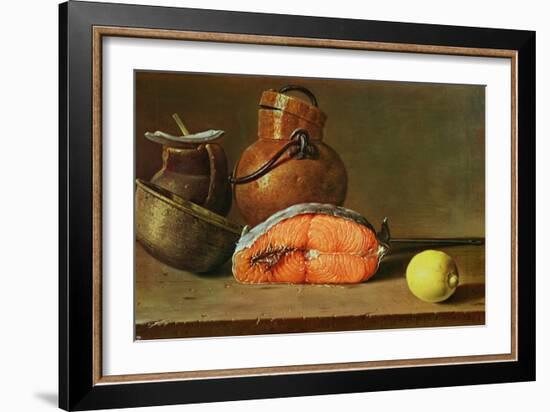 Still Life with a Piece of Salmon, a Lemon and Kitchen Utensils-Luis Egidio Melendez-Framed Giclee Print