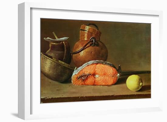 Still Life with a Piece of Salmon, a Lemon and Kitchen Utensils-Luis Egidio Melendez-Framed Giclee Print