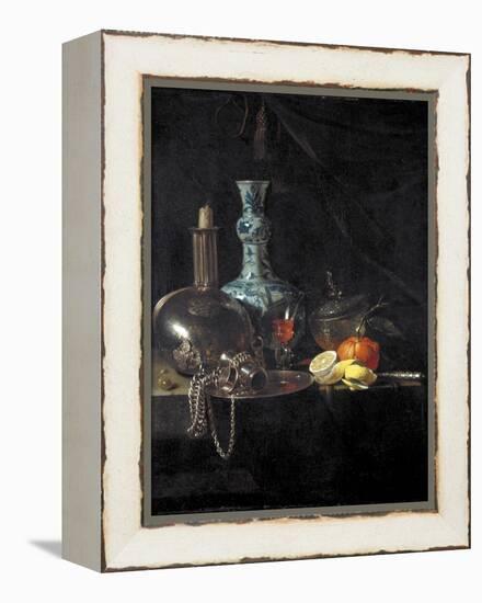 Still Life with a Pilgrim Flask, Candlestick, Porcelain Vase and Fruit, 17th Century-Willem Kalf-Framed Premier Image Canvas