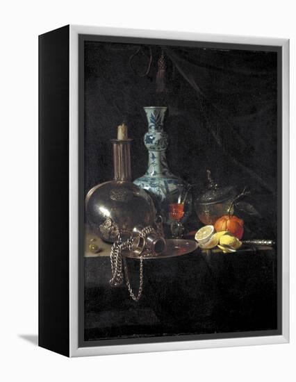 Still Life with a Pilgrim Flask, Candlestick, Porcelain Vase and Fruit, 17th Century-Willem Kalf-Framed Premier Image Canvas