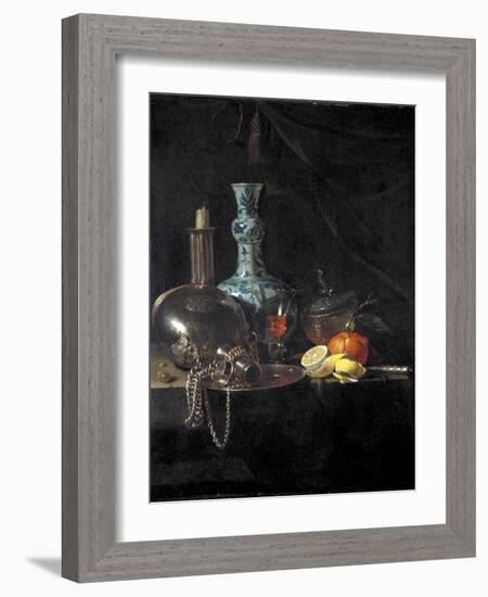 Still Life with a Pilgrim Flask, Candlestick, Porcelain Vase and Fruit, 17th Century-Willem Kalf-Framed Giclee Print