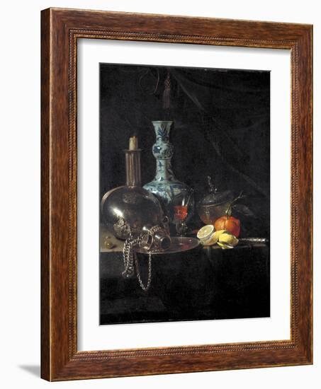 Still Life with a Pilgrim Flask, Candlestick, Porcelain Vase and Fruit, 17th Century-Willem Kalf-Framed Giclee Print