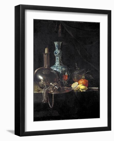 Still Life with a Pilgrim Flask, Candlestick, Porcelain Vase and Fruit, 17th Century-Willem Kalf-Framed Giclee Print