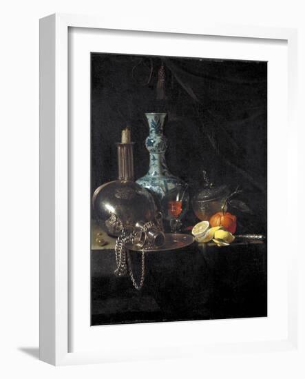 Still Life with a Pilgrim Flask, Candlestick, Porcelain Vase and Fruit, 17th Century-Willem Kalf-Framed Giclee Print