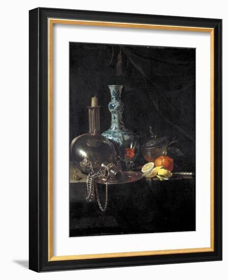 Still Life with a Pilgrim Flask, Candlestick, Porcelain Vase and Fruit, 17th Century-Willem Kalf-Framed Giclee Print