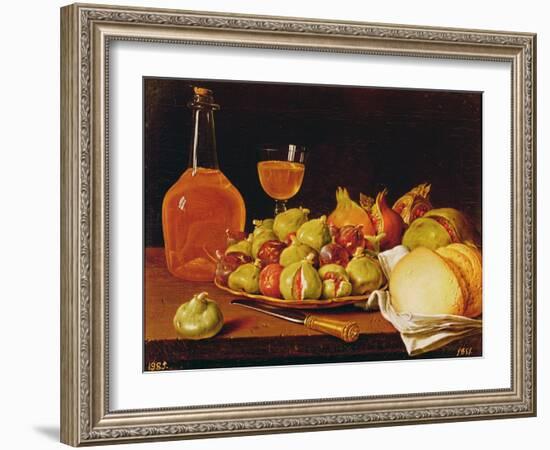 Still Life with a Plate of Figs and Pomegranates, Bread and Wine-Luis Egidio Melendez-Framed Giclee Print