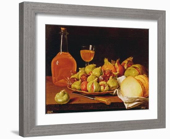 Still Life with a Plate of Figs and Pomegranates, Bread and Wine-Luis Egidio Melendez-Framed Giclee Print