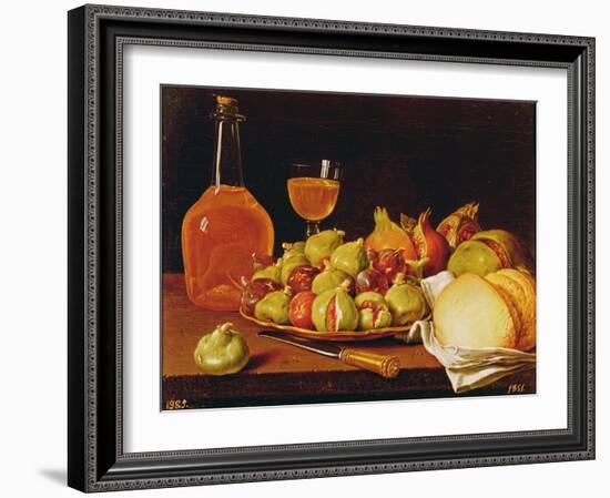 Still Life with a Plate of Figs and Pomegranates, Bread and Wine-Luis Egidio Melendez-Framed Giclee Print