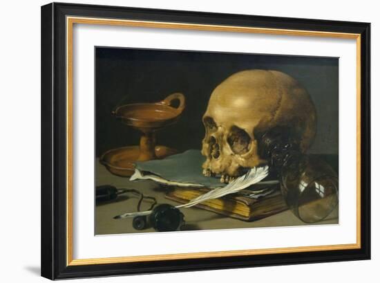 Still Life with a Skull and a Writing Quill, 1628-Pieter Claesz-Framed Premium Giclee Print