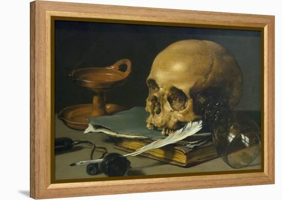 Still Life with a Skull and a Writing Quill, 1628-Pieter Claesz-Framed Stretched Canvas