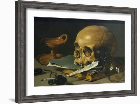 Still Life with a Skull and a Writing Quill, 1628-Pieter Claesz-Framed Art Print